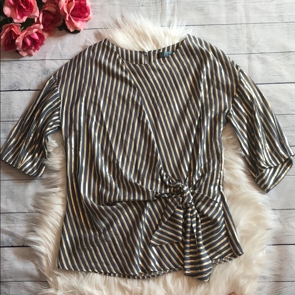 Anthro Eva Franco Lurex Gold Striped Tie Front Top - Picture 2 of 8